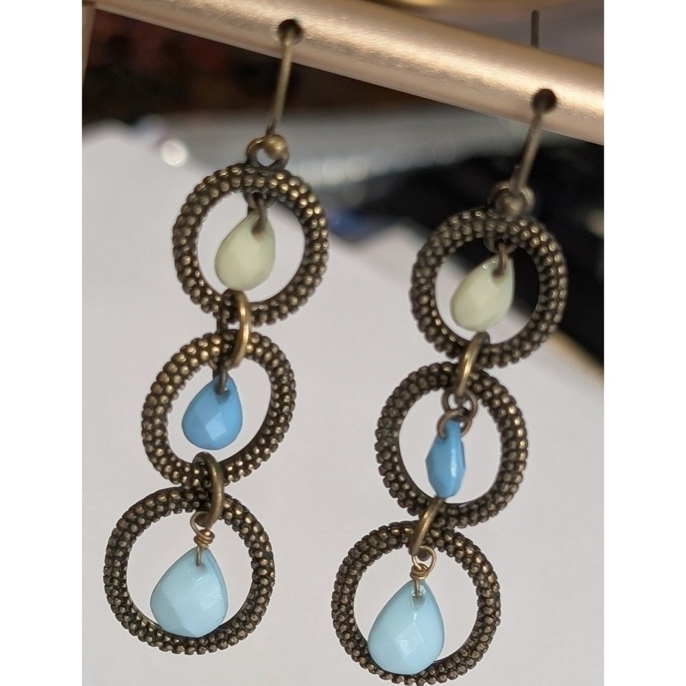Vintage Drop Pierced Earrings Blue Lucite Bronze Tone Metal Textured Dangle